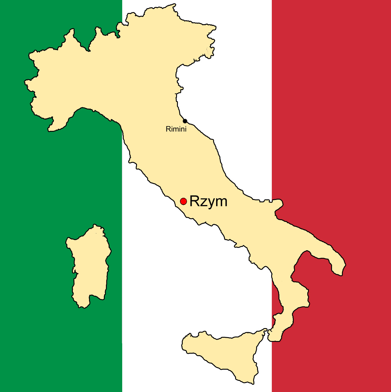 Obrazek przedstawia kontur Włoch z zaznaczoną lokalizacją dwóch miast - Rzymu oraz Rimini. Tłem są barwy włoskiej flagi (trzy pionowe pasy - zielony, biały, czerwony)
