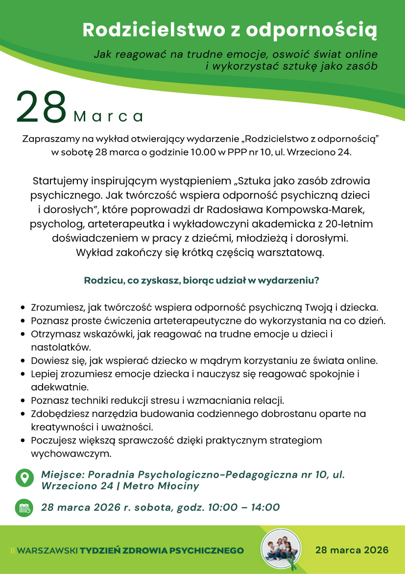 Plakat nr 2. Informacja o wykładzie "Rodzicielstwo z odpornością" otwierającym wydarzenie. Treść informacji jest dostępna w pliku PDF umieszczonym wcześniej.