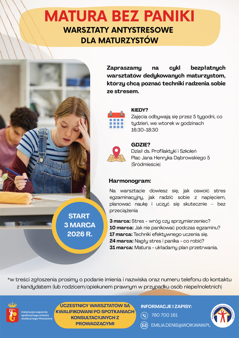 Proponowany warsztat został zaprojektowany jako forma wsparcia dla maturzystów, której celem jest wyposażenie uczniów w narzędzia do radzenia sobie z napięciem, stresem i przeciążeniem w okresie przygotowań do matury. Warsztat składa się z pięciu spotkań, prowadzonych w stałej grupie.
