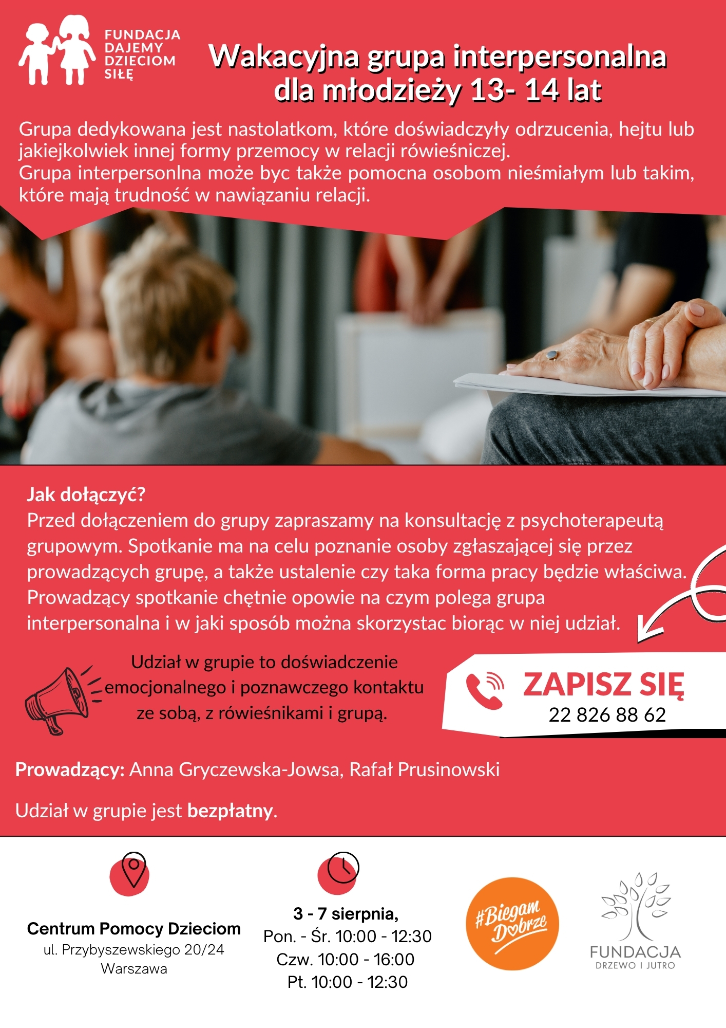 Ulotka dotycząca wakacyjnej grupy interpersonalnej dla młodzieży 13-14 lat.