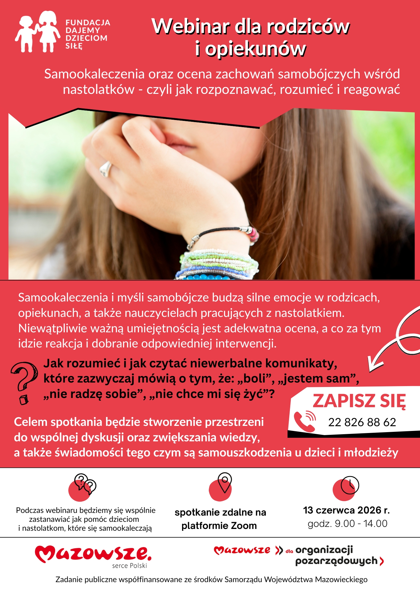 Ulotka Webinar Samookaleczenia oraz ocena zachowań samobójczych wśród nastolatków - jak rozpoznawać, rozumieć i reagować 13.06.2026